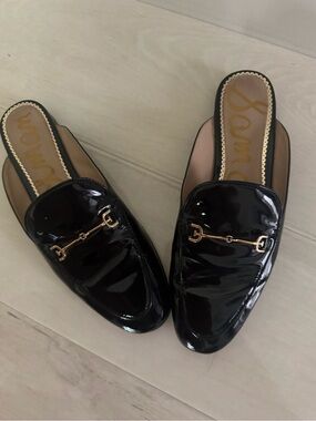 Sam Edelman Black Patent Backless Lonnie Mules with Gold Horsebit